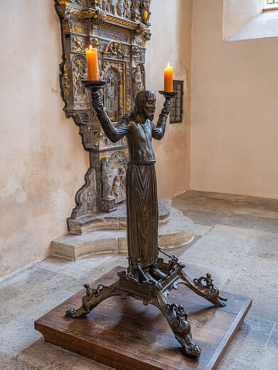 Wolfram-Leuchter, um 1160 Mittelalterliche Bronzeskulptur im Erfurter Dom © Foto M. F. Schmidt